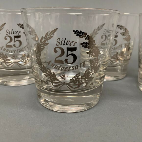 25th Silver Anniversary Old Fashion Clear Glasses Platinum 3 5/8" High Lot of 5 - Picture 2 of 7